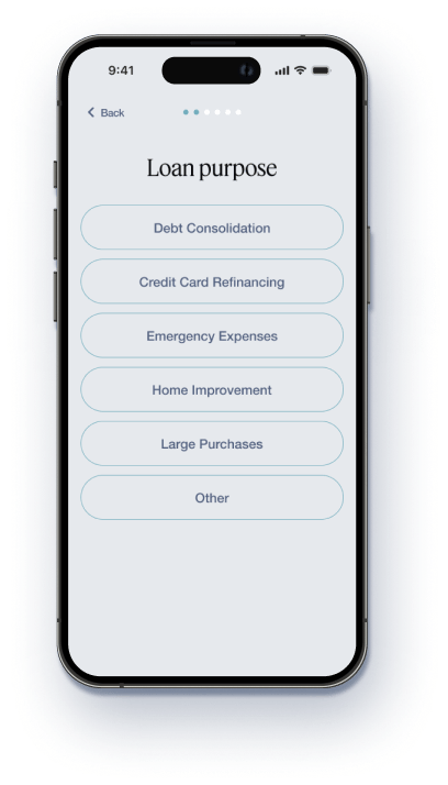 Bliss app loan purpose screen on a phone