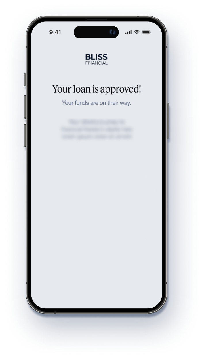 Bliss app loan approval screen on a phone
